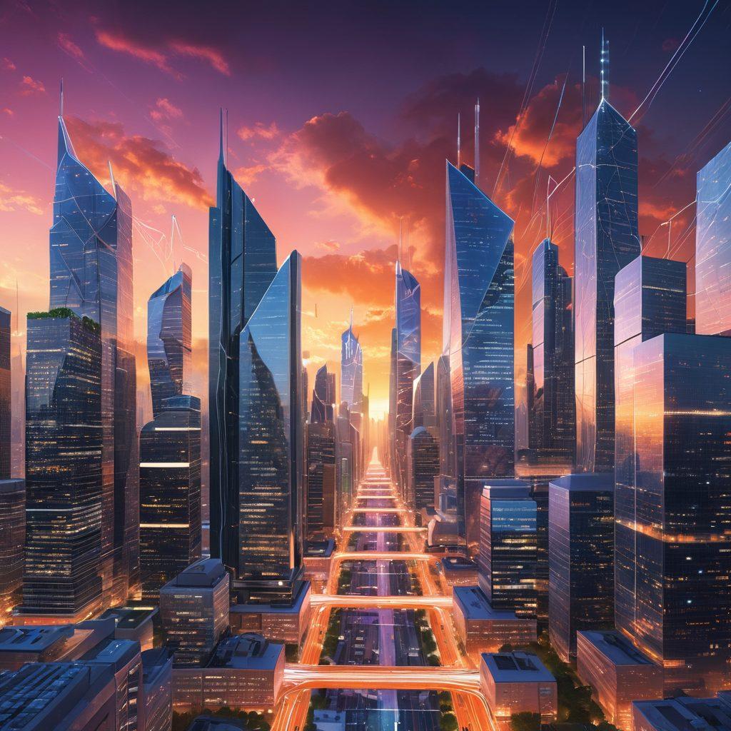 A bustling digital cityscape with interconnected skyscrapers representing different web solutions. Each building showcases a distinct service element like SEO, design, analytics, and cloud storage, all connected by luminescent, flowing data streams. The background features a bright sunrise, symbolizing growth and advancements in online services. super-realistic. vibrant colors. futuristic.