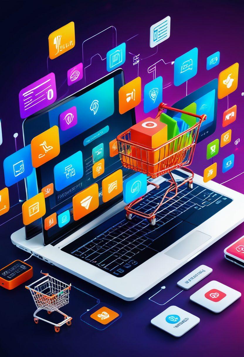 A digital landscape illustrating a seamless transition from an elegant web design interface to a dynamic e-commerce platform, with vibrant icons for web design elements and shopping carts merging harmoniously. Include diverse people interacting with these elements, evoking innovation and connection. super-realistic. vibrant colors. futuristic.