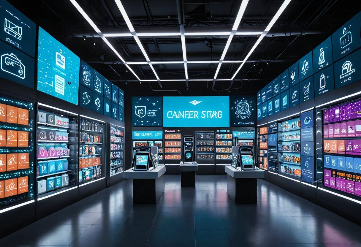 A vibrant digital marketplace with various interconnected stores bustling with interactive icons representing e-commerce tools. Highlight a central store with a rocket lift-off, symbolizing growth. Include elements of coding and analytics, visible on large floating screens. super-realistic. vibrant colors. futuristic ambiance.